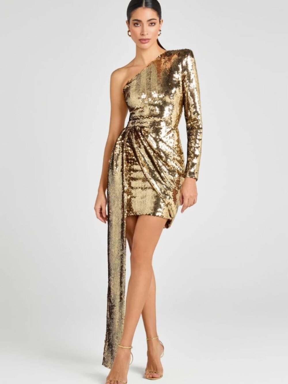 Nadine Merabi Celina Gold Sequin Draped Mini Dress Medium NWT $475